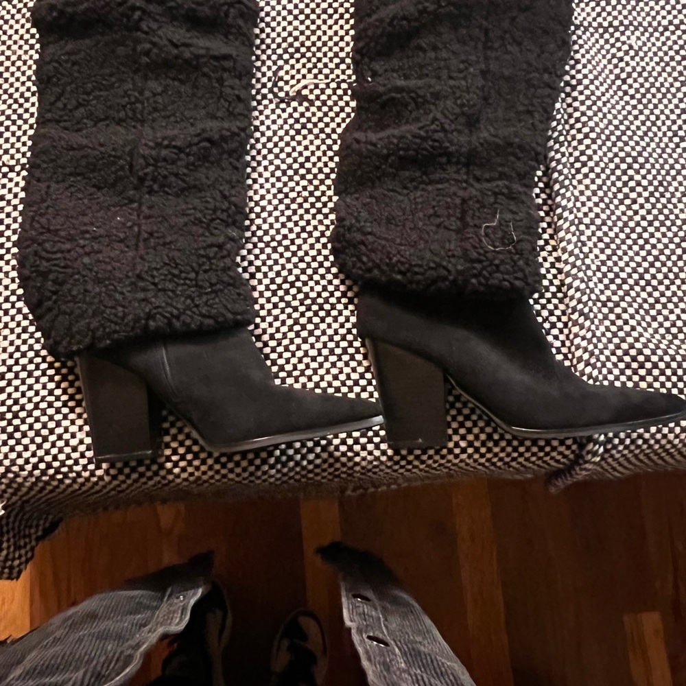 Black Knee High Sherpa  Women's Heeled Boots